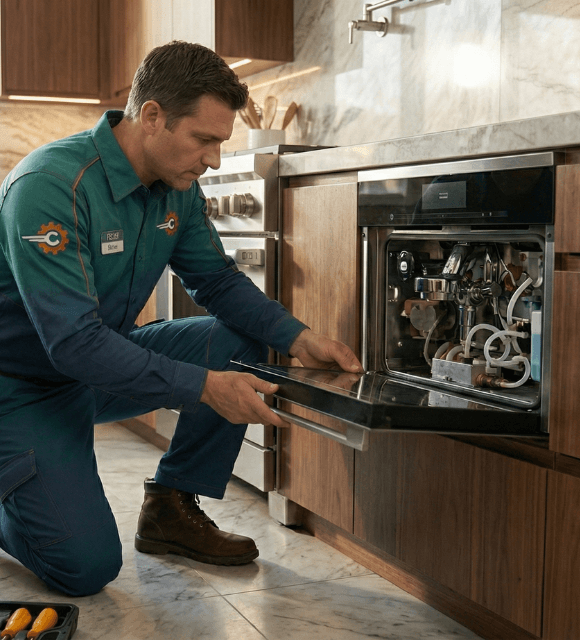 Technician repairing built-in coffee machine in Abilene TX