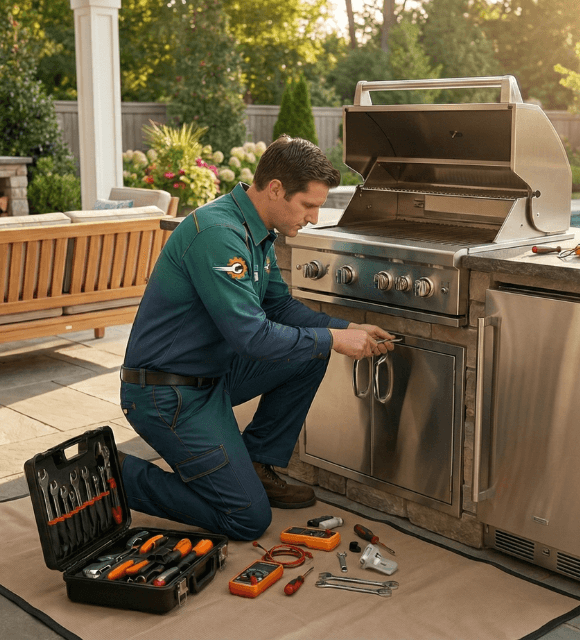 Technician repairing built-in outdoor kitchen grill in Abilene TX