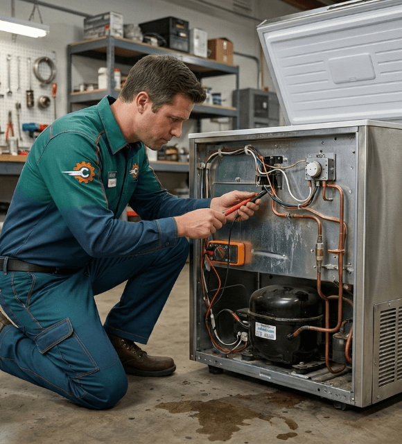 Freezer technician working on chest freezer in Abilene TX