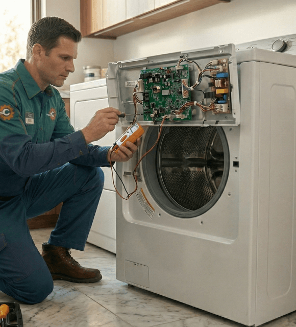 Technician repairing front-load washer in Abilene TX