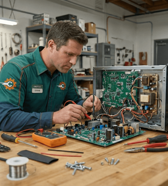 Technician repairing a microwave in Abilene TX