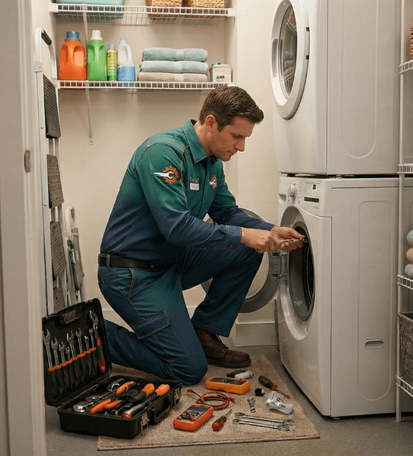 Technician repairing stackable washer dryer unit in Abilene TX