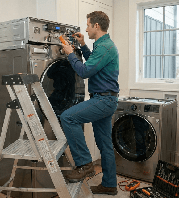 Technician repairing washer dryer combo unit in Abilene TX
