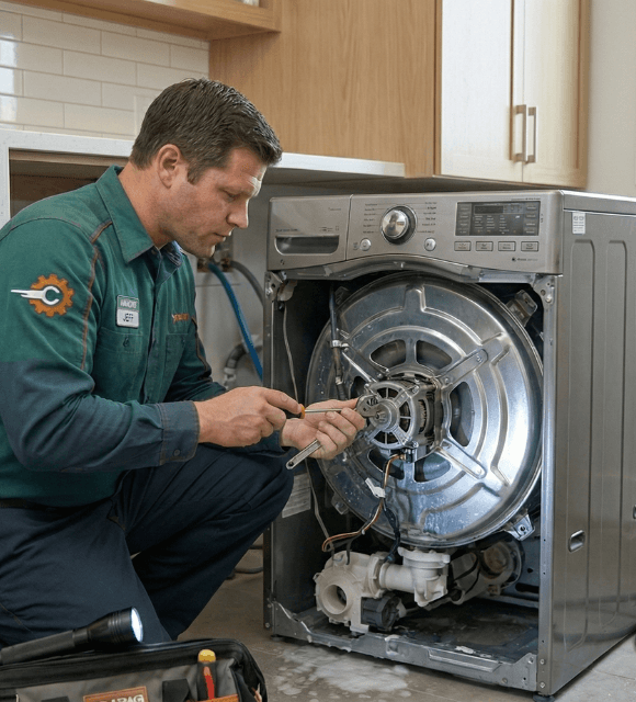 Technician repairing a washing machine in Abilene TX