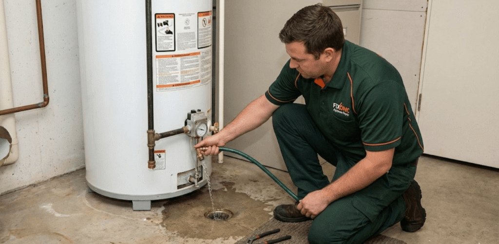 technician flushing a residential water heater to remove sediment buildup